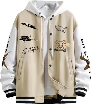 SHENHE Men's Slogan Graphic Button Down Varsity Jacket Baseball Bomber Jackets