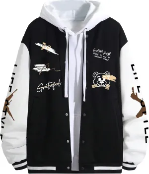 SHENHE Men's Slogan Graphic Button Down Varsity Jacket Baseball Bomber Jackets