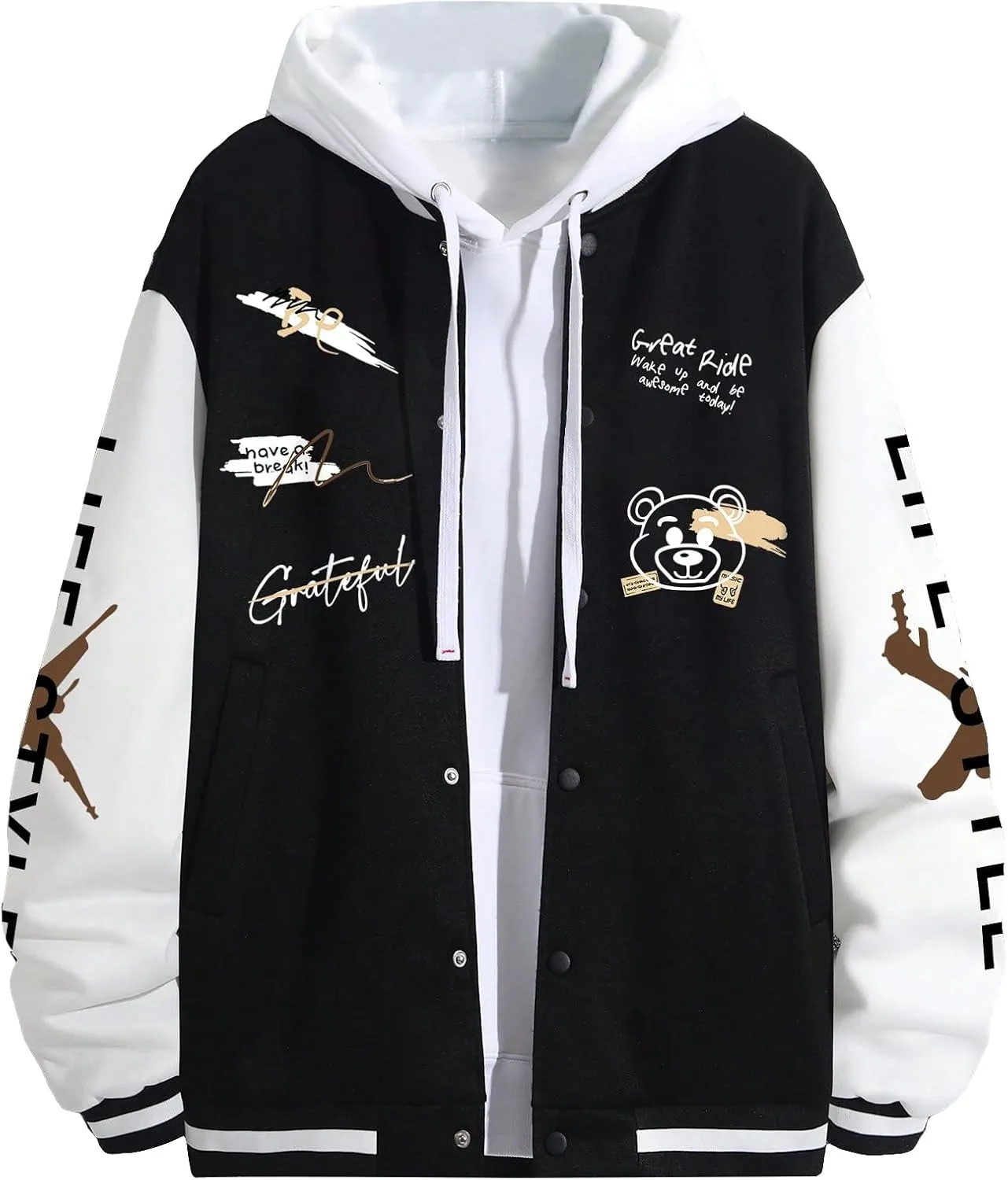 SHENHE Men's Slogan Graphic Button Down Varsity Jacket Baseball Bomber Jackets