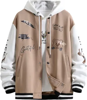 SHENHE Men's Slogan Graphic Button Down Varsity Jacket Baseball Bomber Jackets