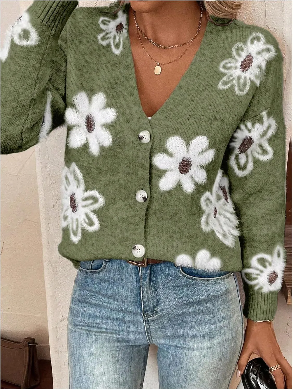 SHENHE Women's Floral Print Button Down Cardigan V Neck Drop Shoulder Knit Outerwear