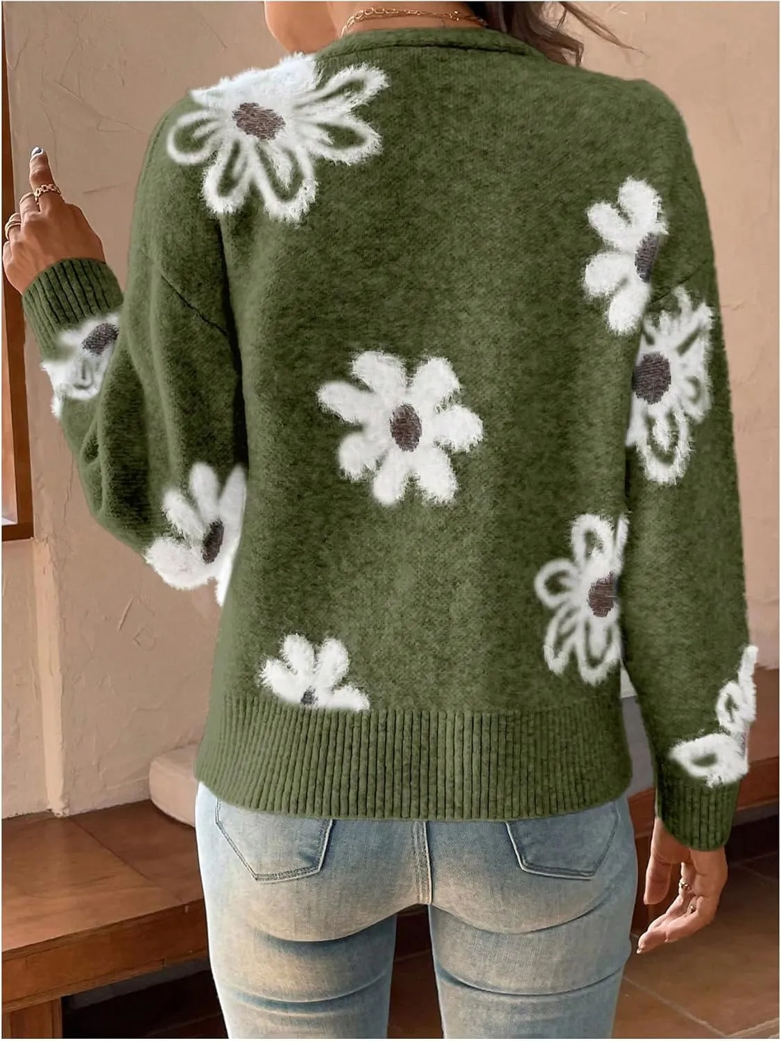 SHENHE Women's Floral Print Button Down Cardigan V Neck Drop Shoulder Knit Outerwear