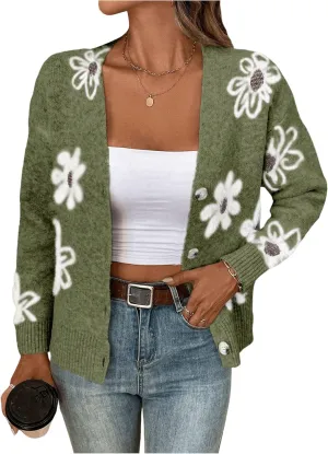 SHENHE Women's Floral Print Button Down Cardigan V Neck Drop Shoulder Knit Outerwear