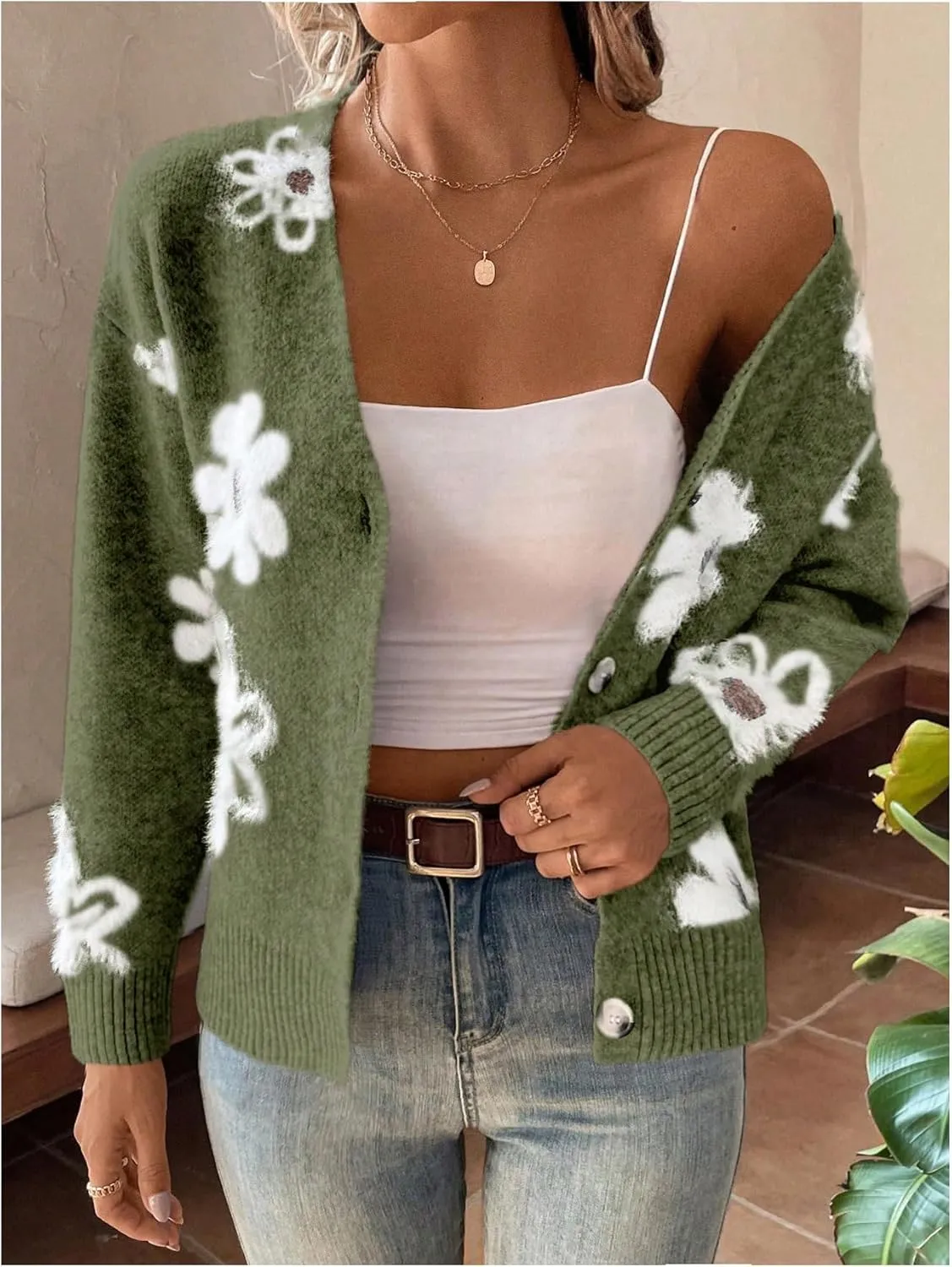SHENHE Women's Floral Print Button Down Cardigan V Neck Drop Shoulder Knit Outerwear
