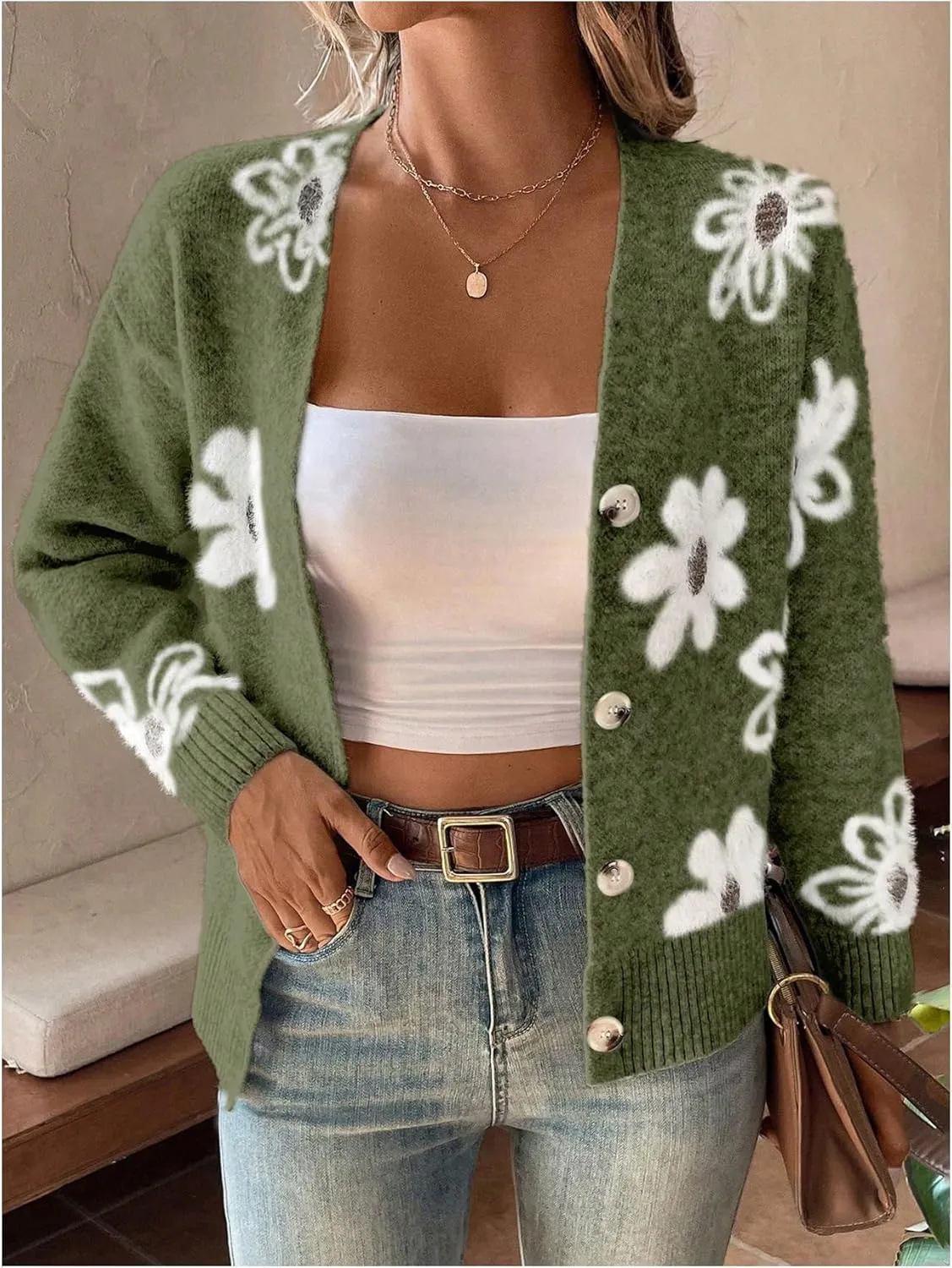 SHENHE Women's Floral Print Button Down Cardigan V Neck Drop Shoulder Knit Outerwear