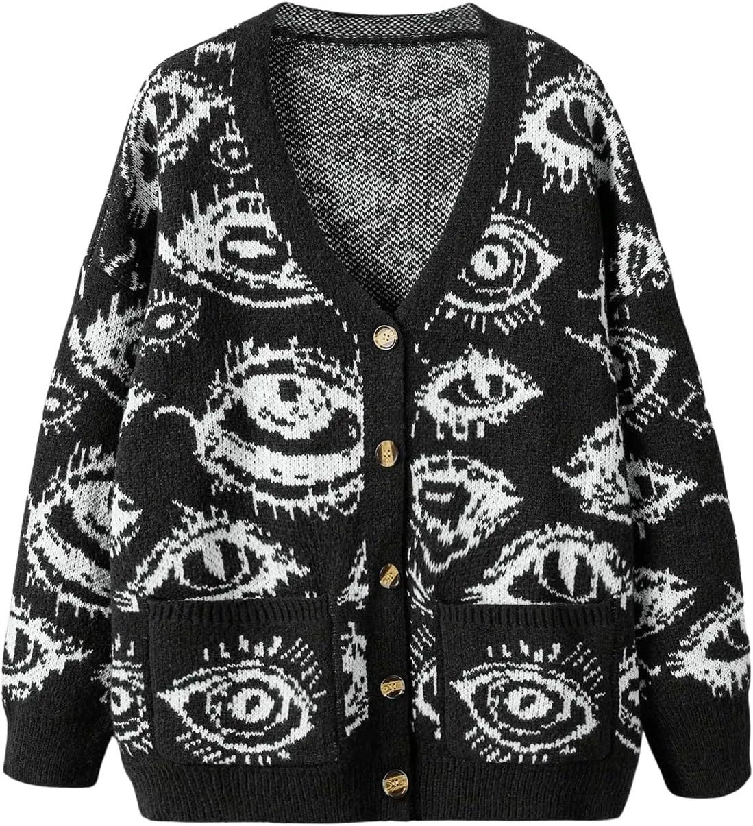 SHENHE Women's Plus Size Button Down Eye Print Goth Cardigan Grunge Punk Sweater Outerwear