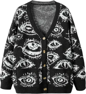 SHENHE Women's Plus Size Button Down Eye Print Goth Cardigan Grunge Punk Sweater Outerwear