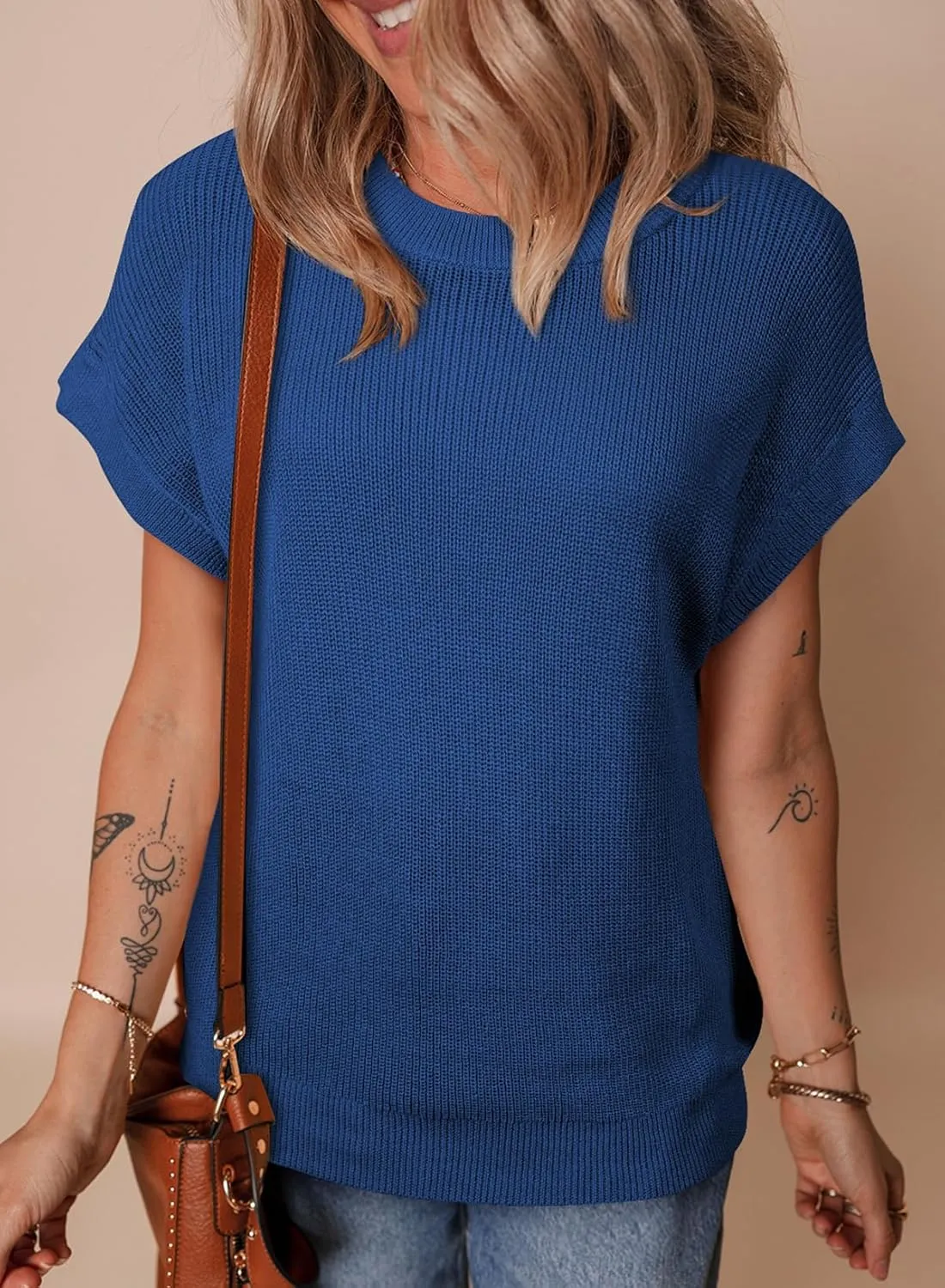 SHEWIN Womens Sweaters Crewneck Short Sleeve Shirts Casual Ribbed Knit Pullover Sweater Loose Tops for Women 2025