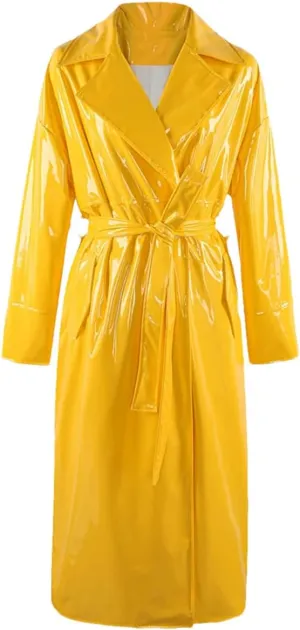 Shiny PVC Leather Long Oversized Trench Coat for Women Single Breasted Sashes Runway Overcoats