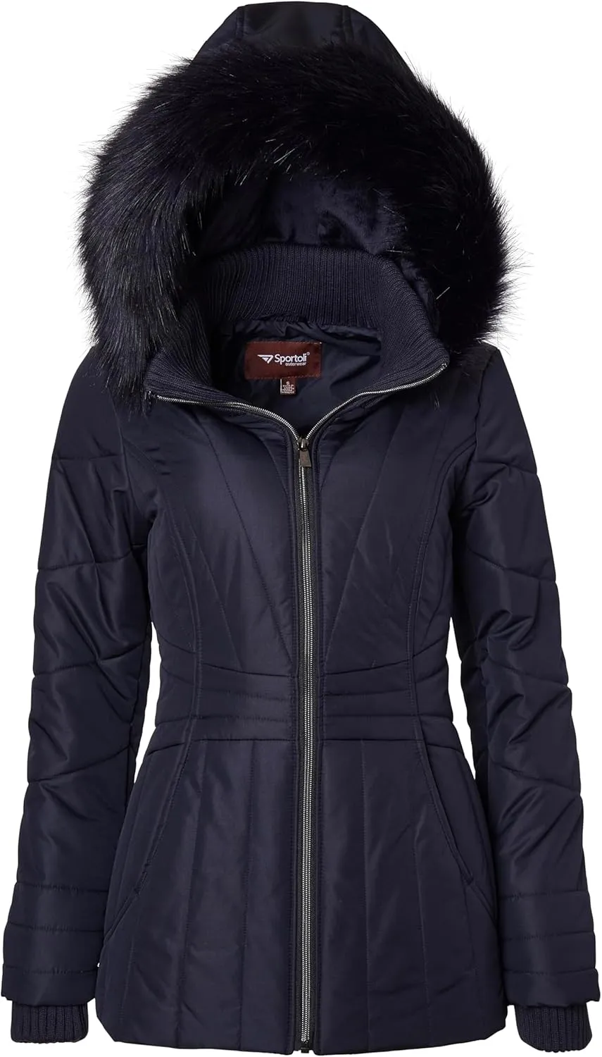 Sportoli Womens Winter Coat Faux Fur Trim Hooded Down Alternative Puffer Jacket