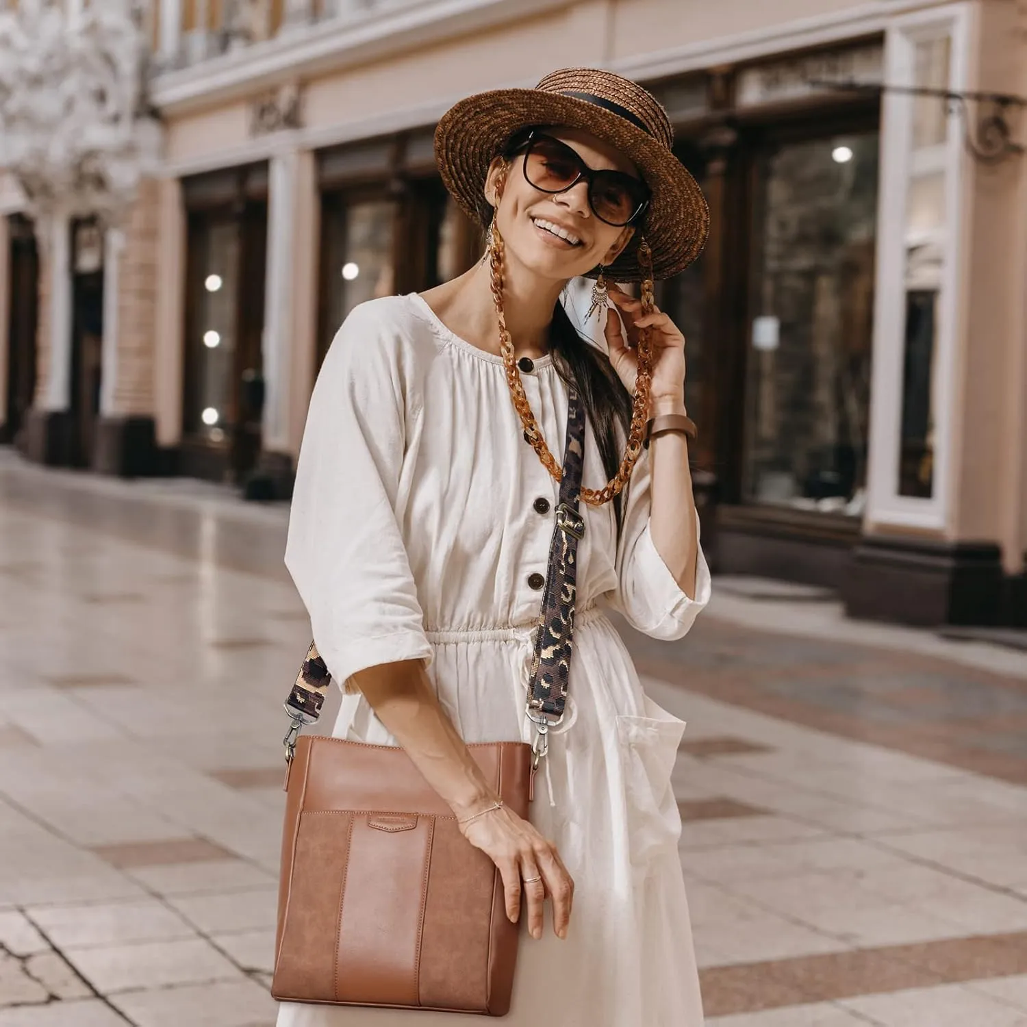 Stylish Leather Bucket Crossbody Bag for Women, Adjustable Guitar Strap