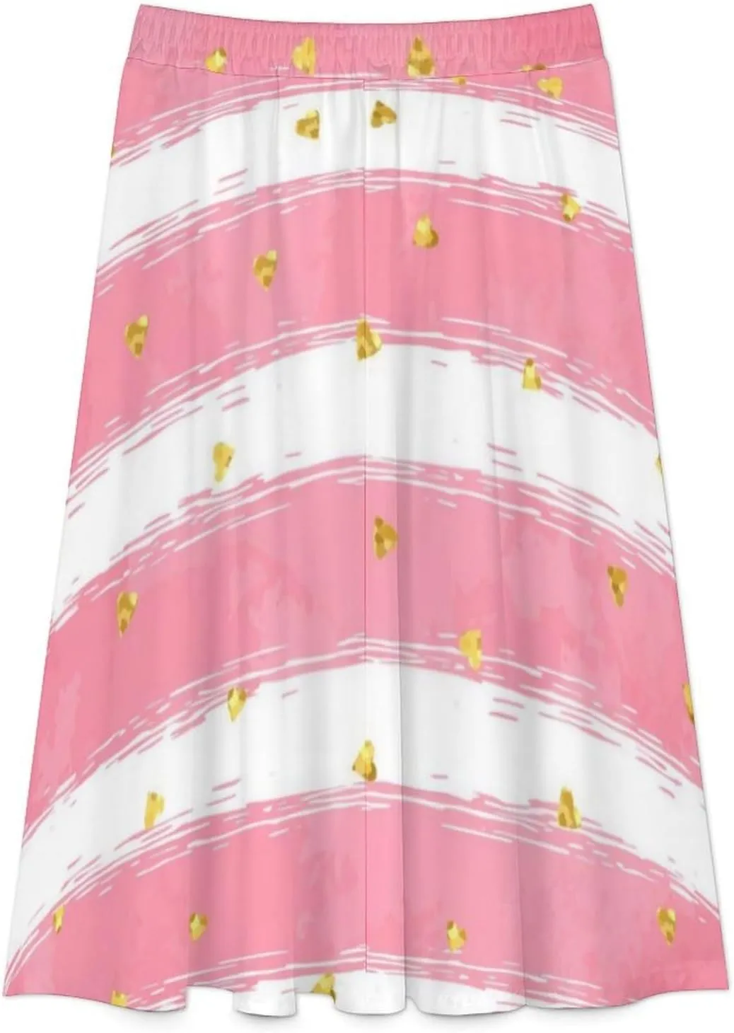 Stylish Pink Stripes Printed Midi Skirt High Elastic Waist Ruched Boho Summer Skirt