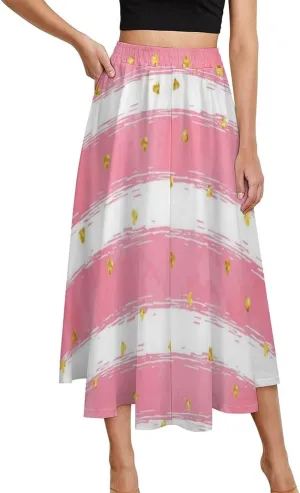 Stylish Pink Stripes Printed Midi Skirt High Elastic Waist Ruched Boho Summer Skirt