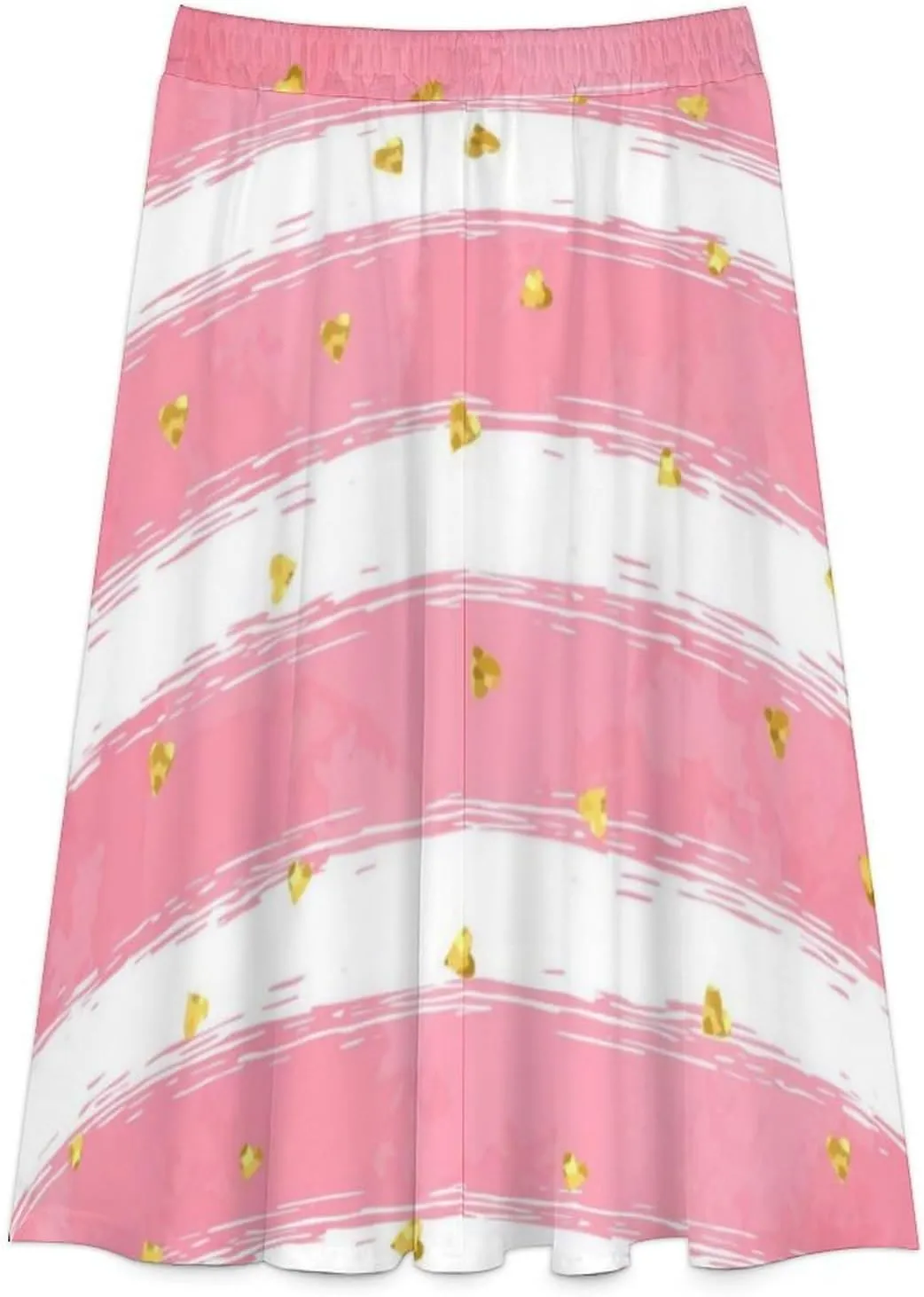 Stylish Pink Stripes Printed Midi Skirt High Elastic Waist Ruched Boho Summer Skirt