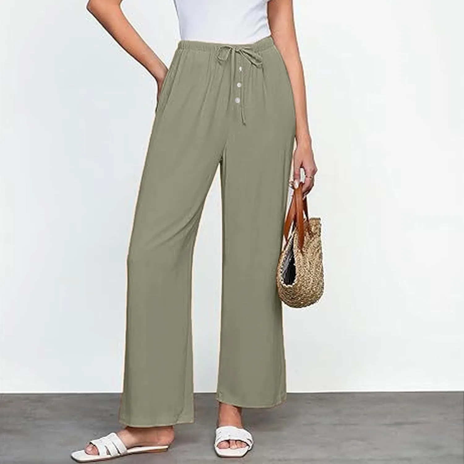 Summer Pants for Women Lightweight Linen Sweatpants Casual Loose High Waist Wide Leg Palazzo Soft Beach Trousers