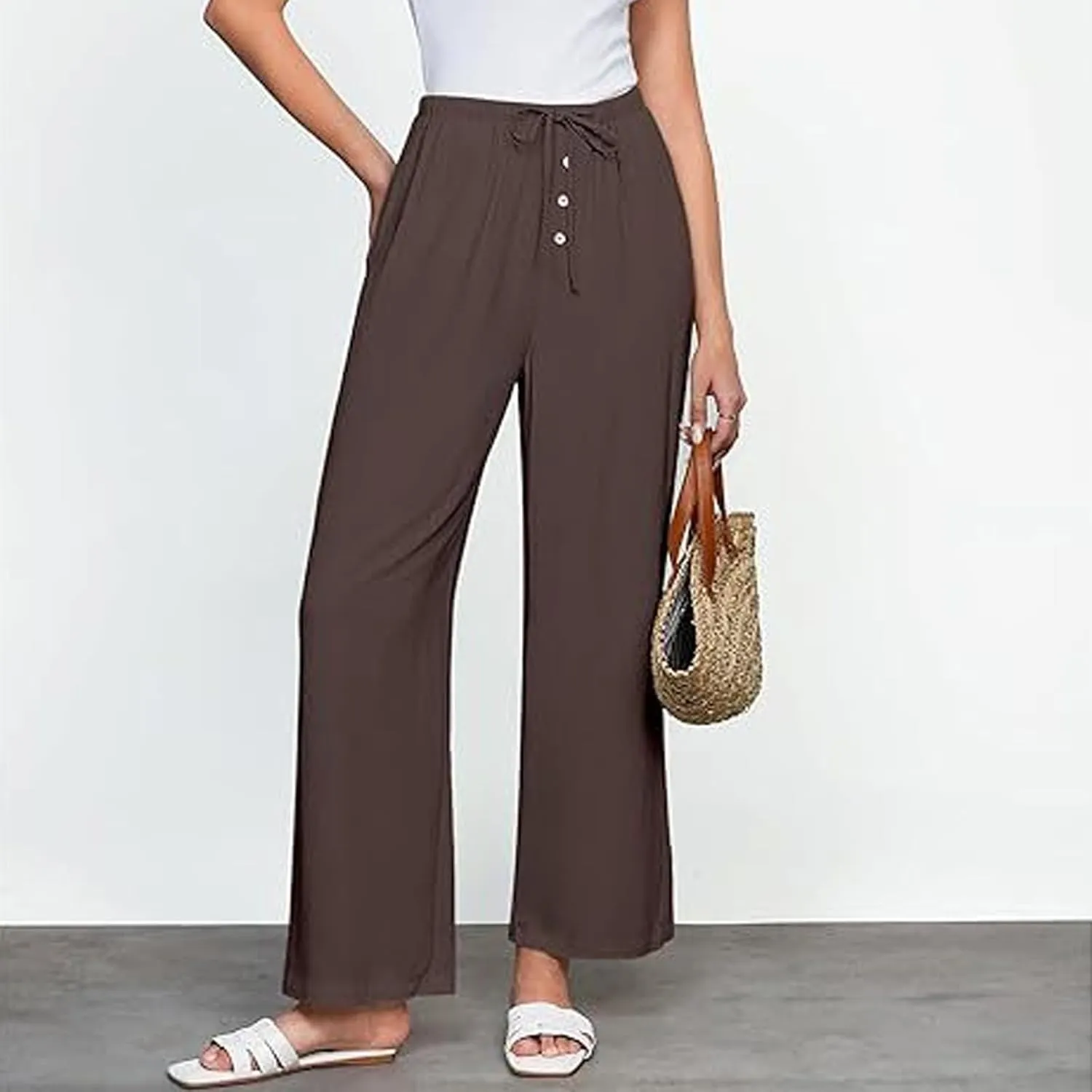 Summer Pants for Women Lightweight Linen Sweatpants Casual Loose High Waist Wide Leg Palazzo Soft Beach Trousers