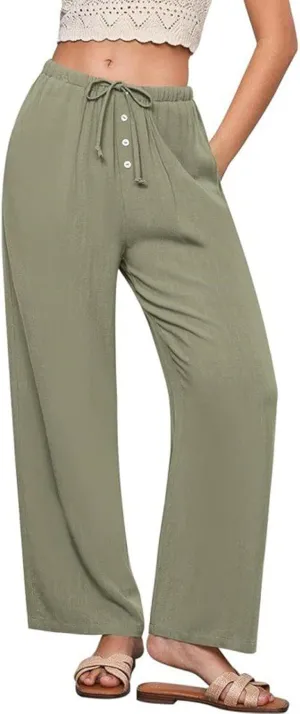 Summer Pants for Women Lightweight Linen Sweatpants Casual Loose High Waist Wide Leg Palazzo Soft Beach Trousers