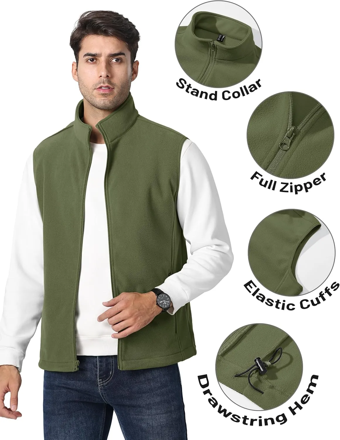 TACVASEN Men's Fleece Vest Zip Up Lightweight Vests Outerwear with Pockets Winter Warm Sleeveless Jacket for Hiking Golf