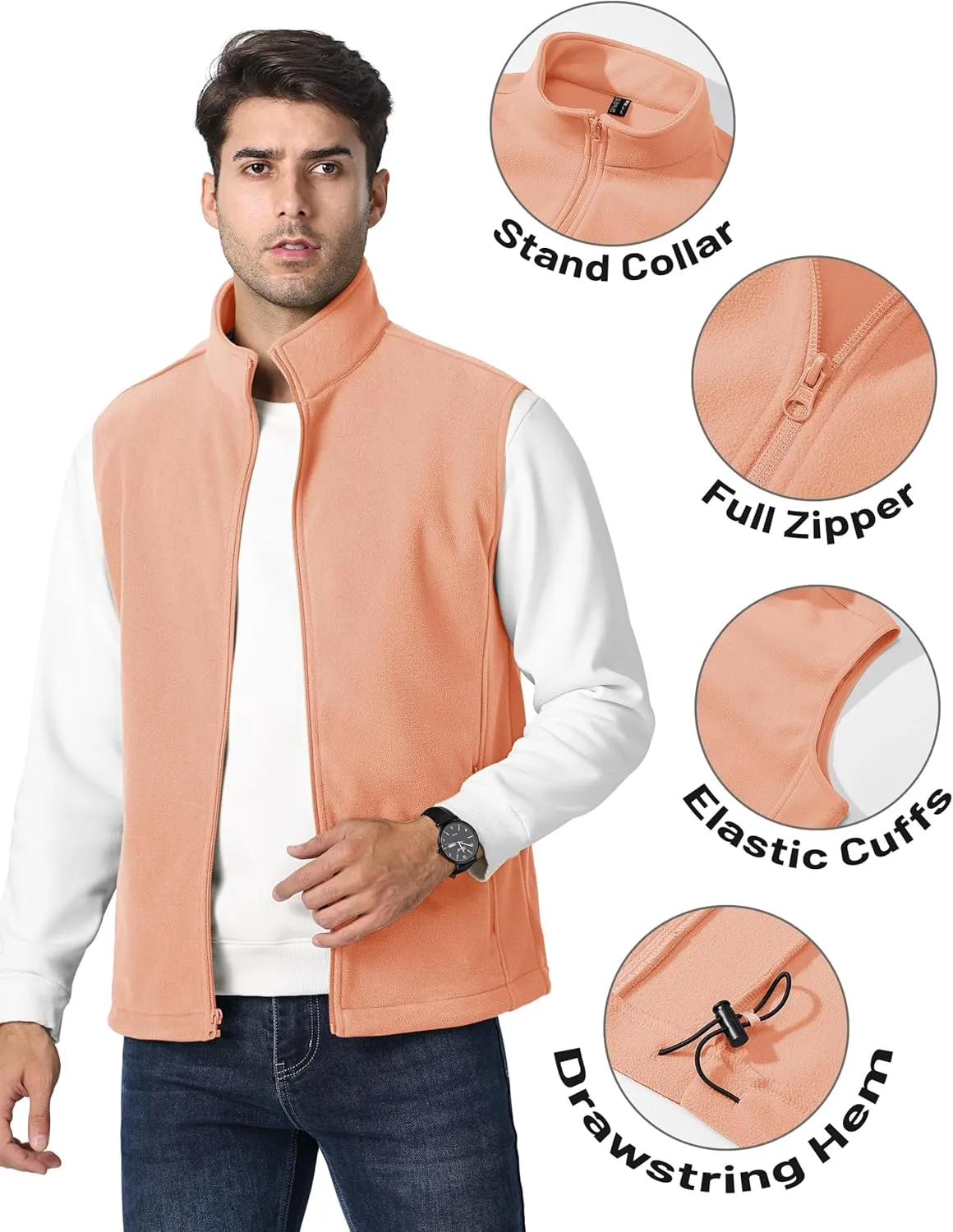 TACVASEN Men's Fleece Vest Zip Up Lightweight Vests Outerwear with Pockets Winter Warm Sleeveless Jacket for Hiking Golf