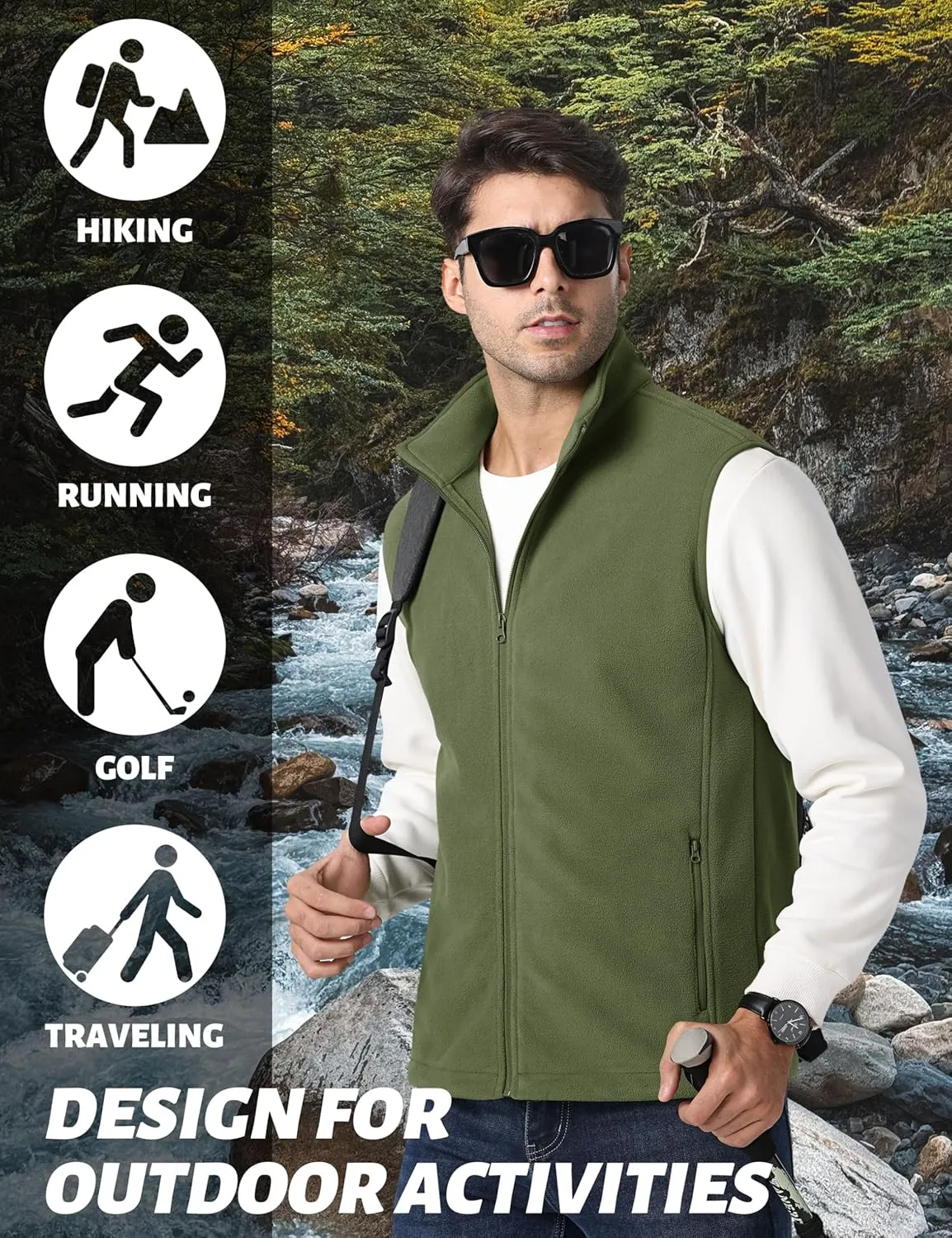 TACVASEN Men's Fleece Vest Zip Up Lightweight Vests Outerwear with Pockets Winter Warm Sleeveless Jacket for Hiking Golf