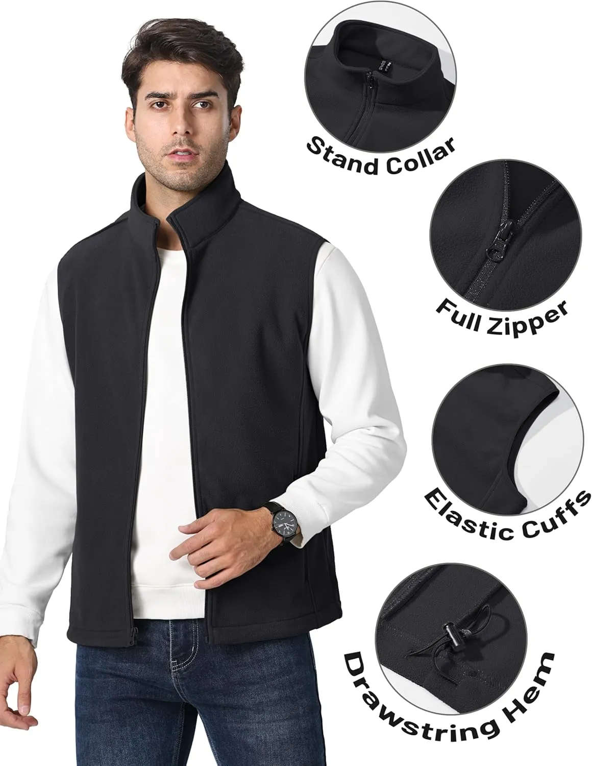 TACVASEN Men's Fleece Vest Zip Up Lightweight Vests Outerwear with Pockets Winter Warm Sleeveless Jacket for Hiking Golf