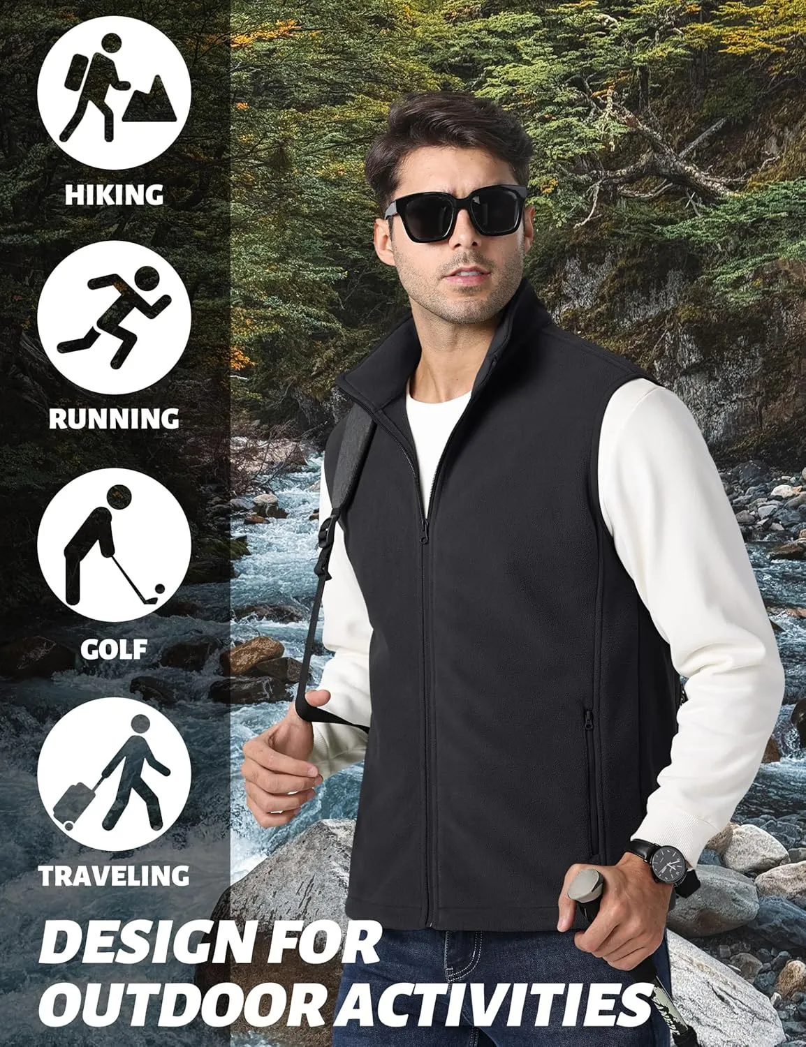 TACVASEN Men's Fleece Vest Zip Up Lightweight Vests Outerwear with Pockets Winter Warm Sleeveless Jacket for Hiking Golf