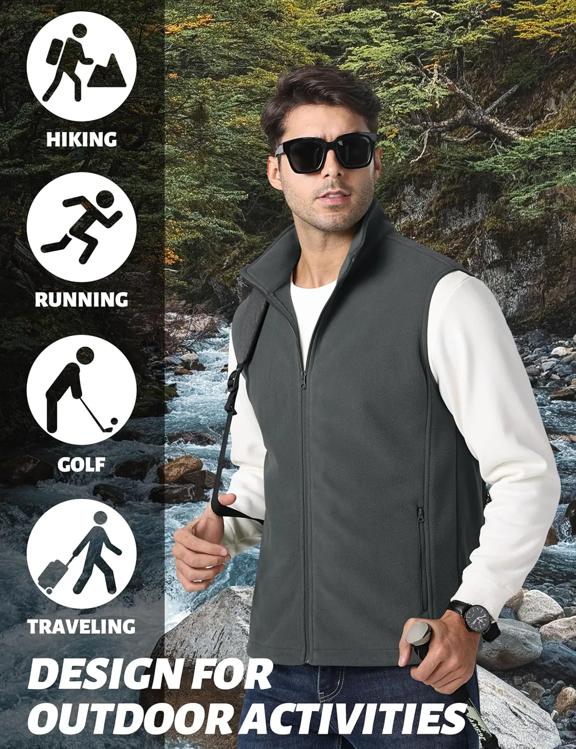 TACVASEN Men's Fleece Vest Zip Up Lightweight Vests Outerwear with Pockets Winter Warm Sleeveless Jacket for Hiking Golf