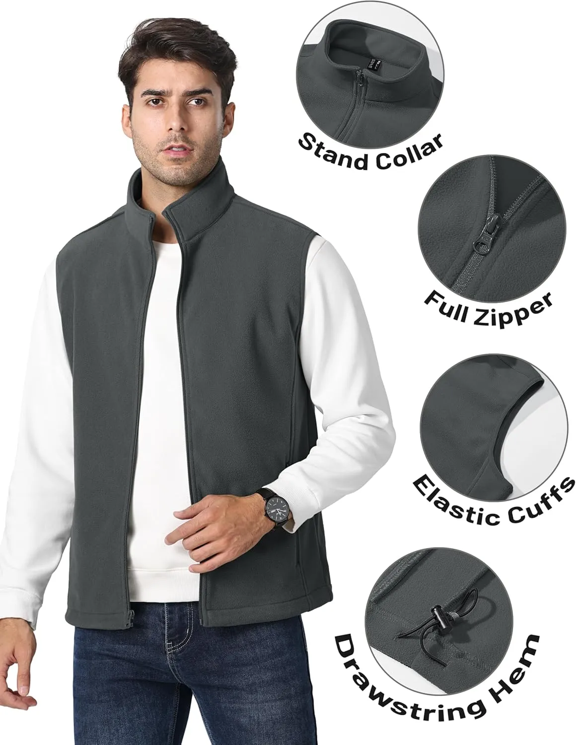 TACVASEN Men's Fleece Vest Zip Up Lightweight Vests Outerwear with Pockets Winter Warm Sleeveless Jacket for Hiking Golf