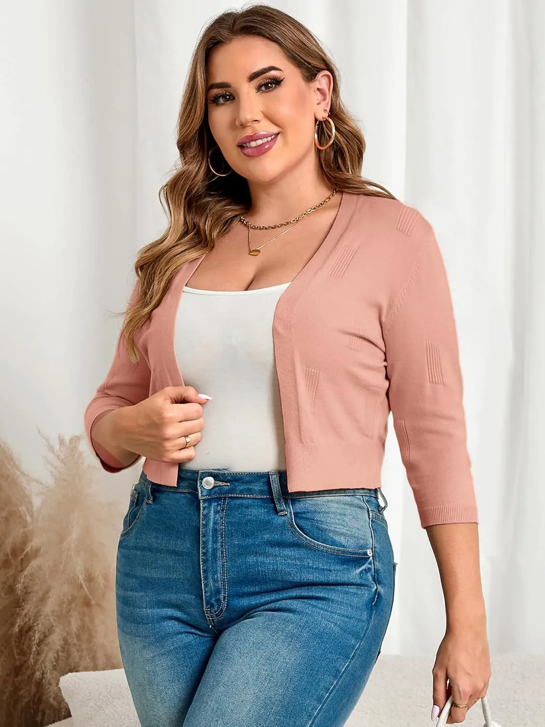 TAKEYAL Womens Plus Size Shrug 3/4 Sleeve Lightweight Open Front Knit Cropped Cardigan Sweater XL-5XL