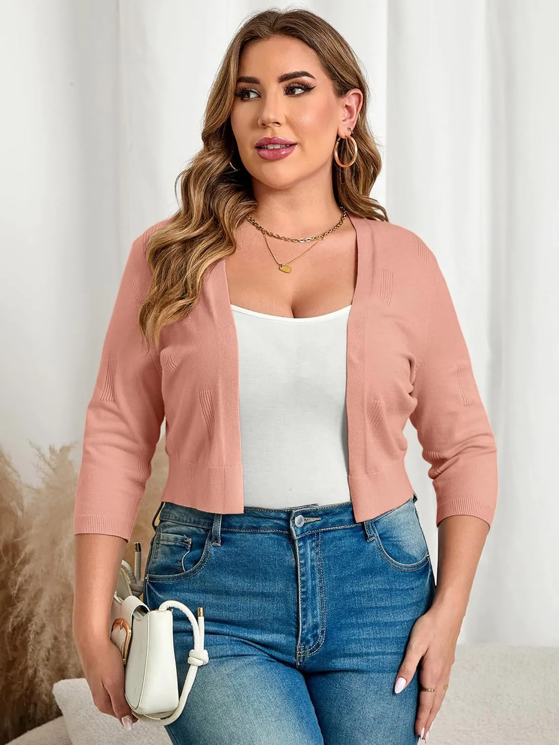 TAKEYAL Womens Plus Size Shrug 3/4 Sleeve Lightweight Open Front Knit Cropped Cardigan Sweater XL-5XL