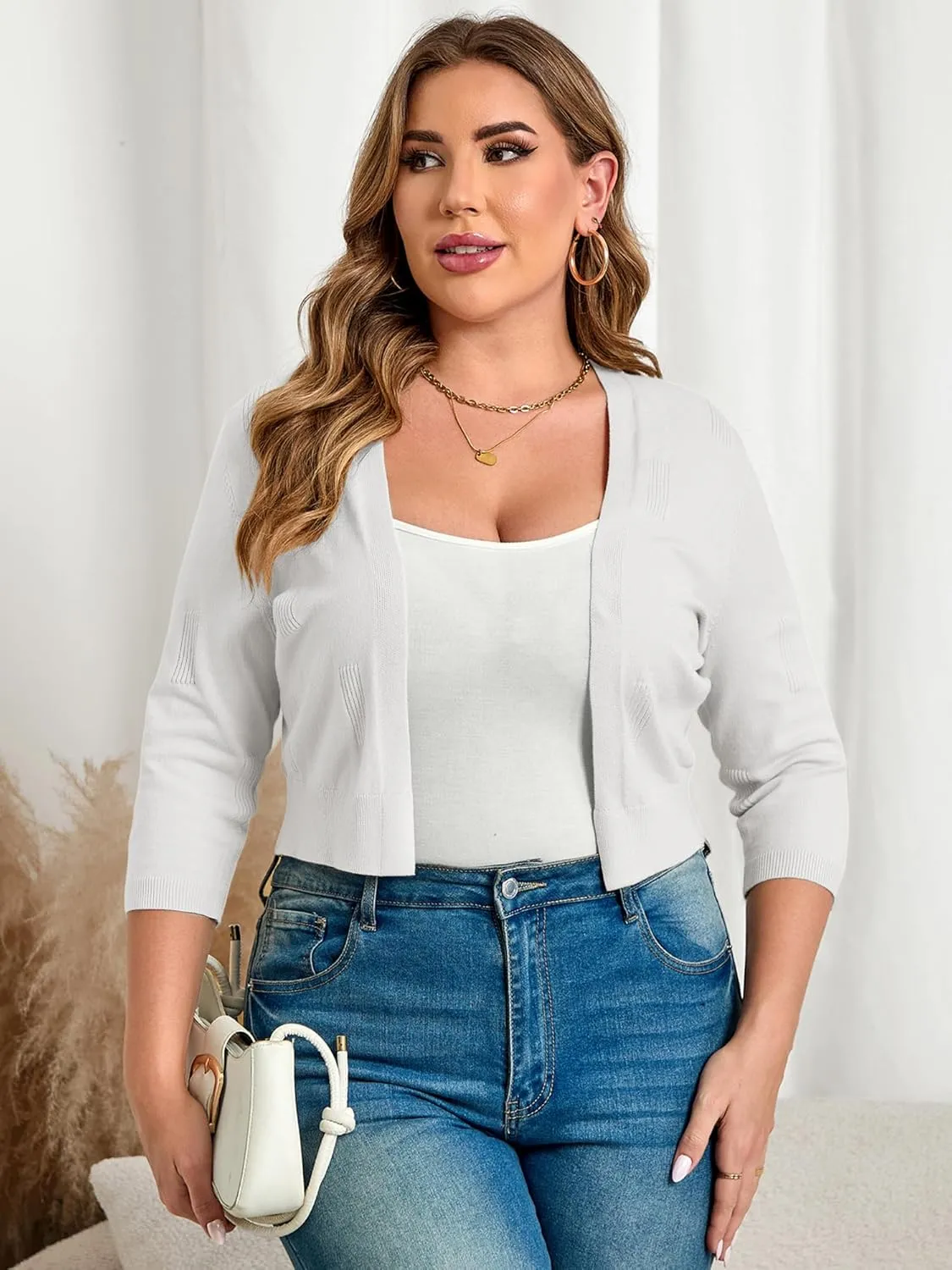 TAKEYAL Womens Plus Size Shrug 3/4 Sleeve Lightweight Open Front Knit Cropped Cardigan Sweater XL-5XL