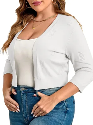 TAKEYAL Womens Plus Size Shrug 3/4 Sleeve Lightweight Open Front Knit Cropped Cardigan Sweater XL-5XL