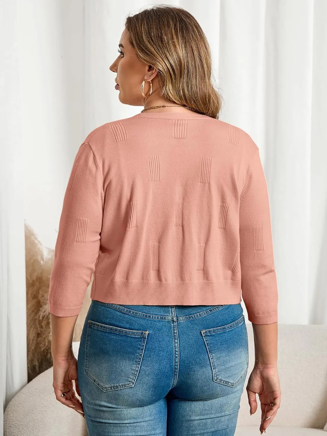 TAKEYAL Womens Plus Size Shrug 3/4 Sleeve Lightweight Open Front Knit Cropped Cardigan Sweater XL-5XL