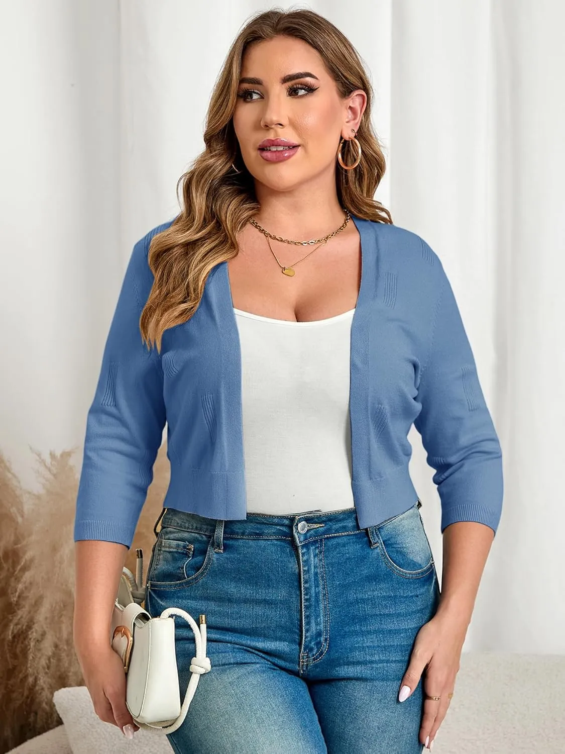 TAKEYAL Womens Plus Size Shrug 3/4 Sleeve Lightweight Open Front Knit Cropped Cardigan Sweater XL-5XL