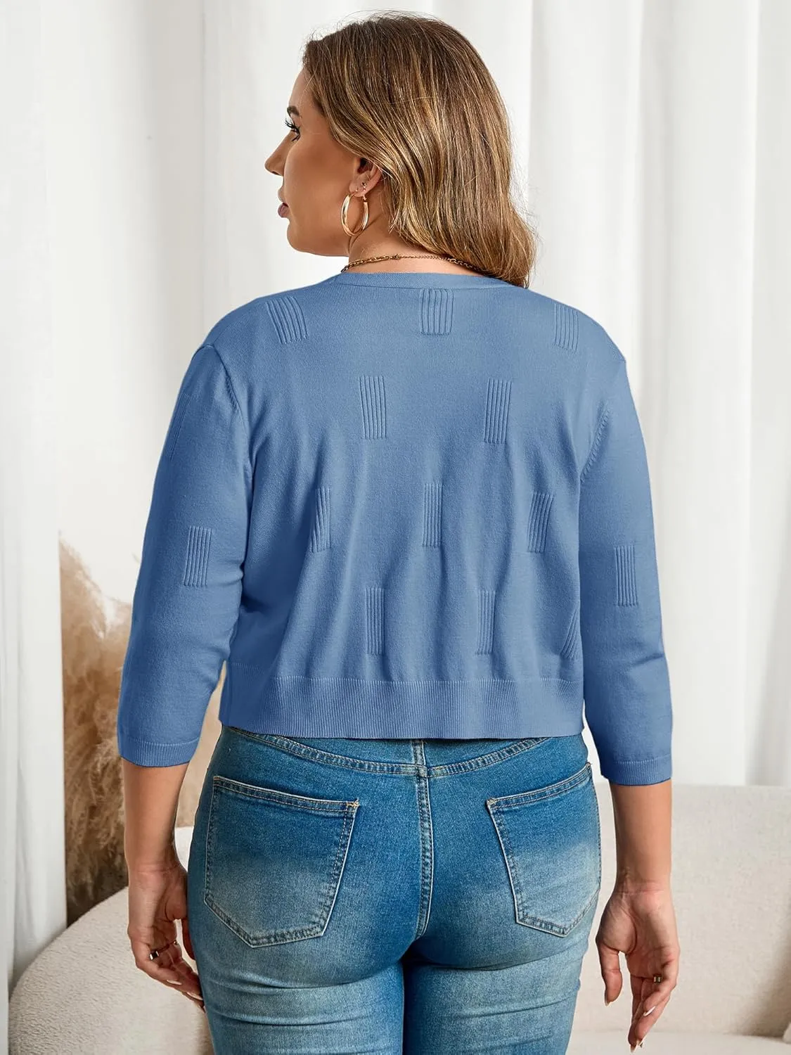 TAKEYAL Womens Plus Size Shrug 3/4 Sleeve Lightweight Open Front Knit Cropped Cardigan Sweater XL-5XL