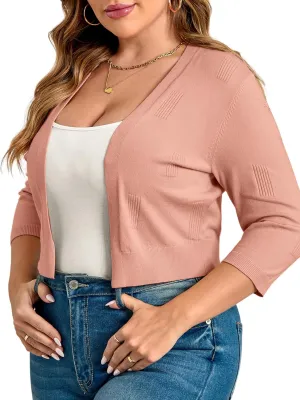 TAKEYAL Womens Plus Size Shrug 3/4 Sleeve Lightweight Open Front Knit Cropped Cardigan Sweater XL-5XL