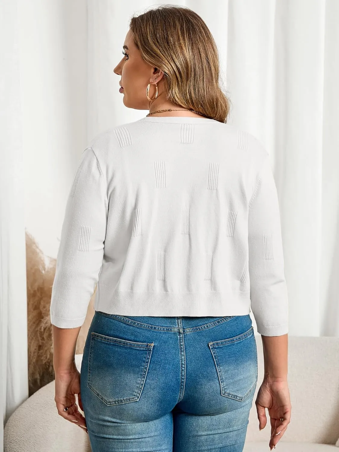 TAKEYAL Womens Plus Size Shrug 3/4 Sleeve Lightweight Open Front Knit Cropped Cardigan Sweater XL-5XL