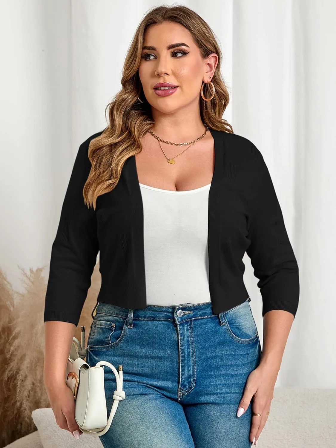 TAKEYAL Womens Plus Size Shrug 3/4 Sleeve Lightweight Open Front Knit Cropped Cardigan Sweater XL-5XL