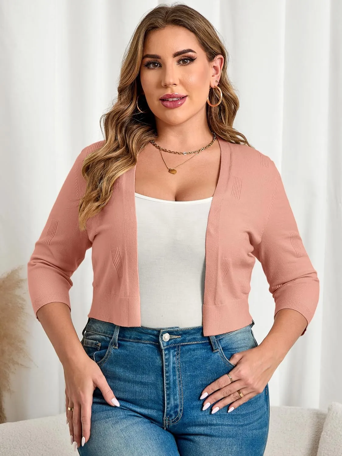 TAKEYAL Womens Plus Size Shrug 3/4 Sleeve Lightweight Open Front Knit Cropped Cardigan Sweater XL-5XL