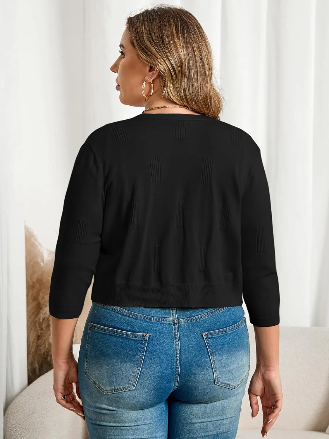 TAKEYAL Womens Plus Size Shrug 3/4 Sleeve Lightweight Open Front Knit Cropped Cardigan Sweater XL-5XL