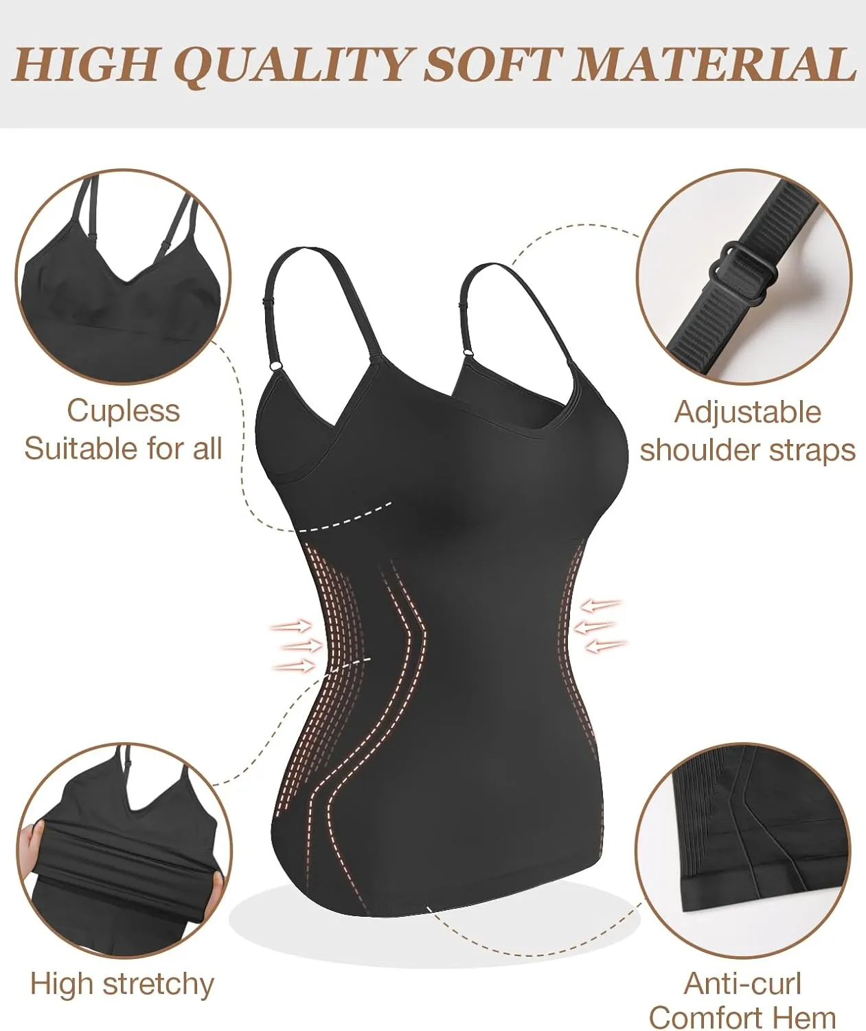 Tank Top With Bulit in Bra for Women V neck Traceless Shapewear Slimming Compression Camisole