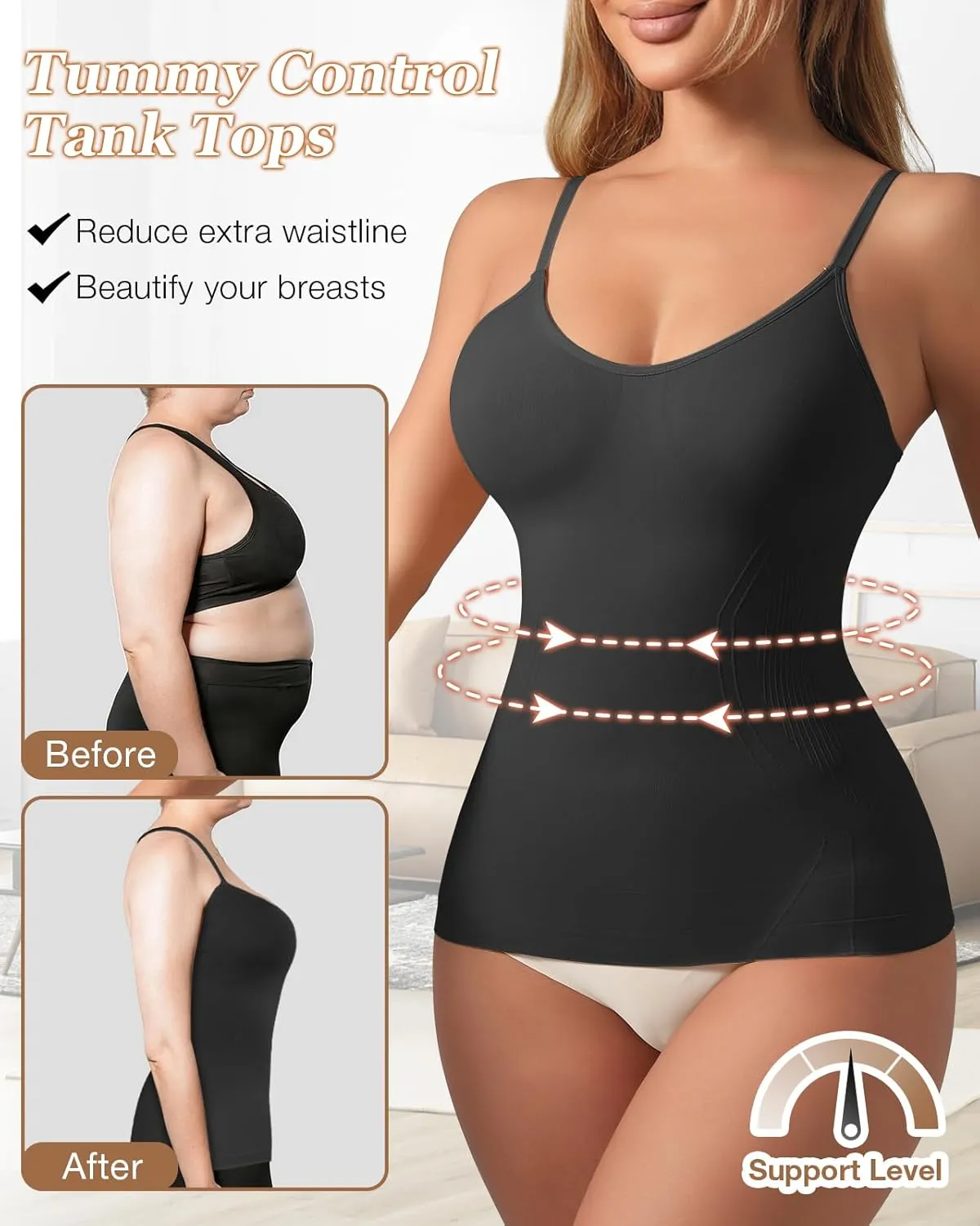 Tank Top With Bulit in Bra for Women V neck Traceless Shapewear Slimming Compression Camisole
