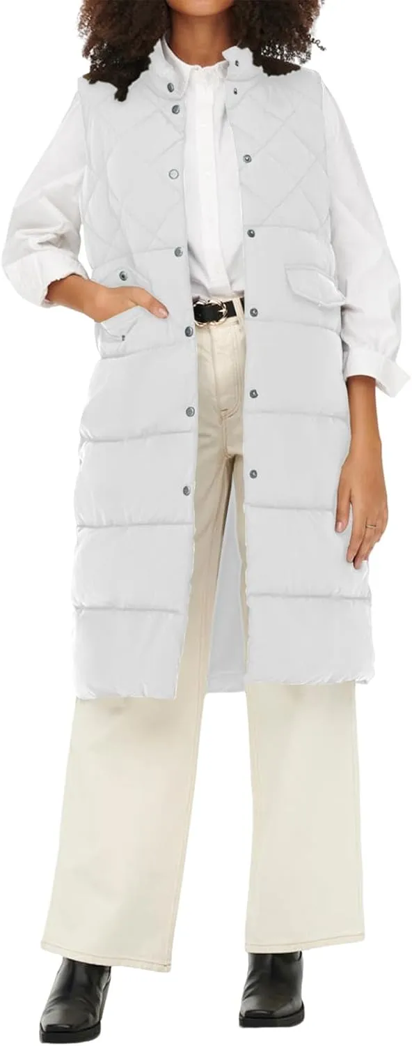 Tankaneo Women's Long Puffer Vest Cotton Stand Collar Button Sleeveless Puffy Jacket Outerwear