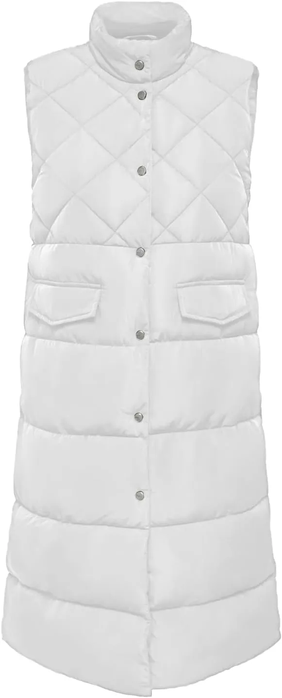 Tankaneo Women's Long Puffer Vest Cotton Stand Collar Button Sleeveless Puffy Jacket Outerwear