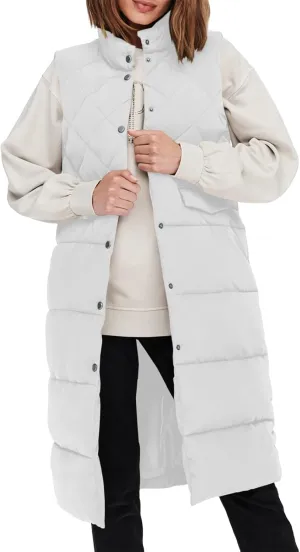 Tankaneo Women's Long Puffer Vest Cotton Stand Collar Button Sleeveless Puffy Jacket Outerwear