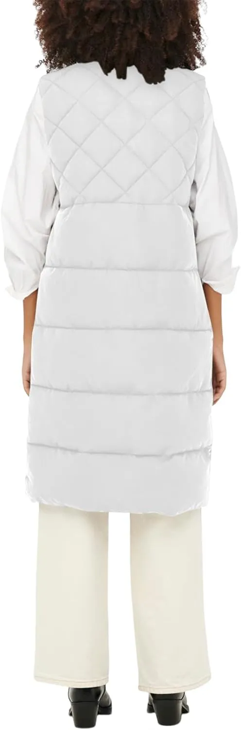 Tankaneo Women's Long Puffer Vest Cotton Stand Collar Button Sleeveless Puffy Jacket Outerwear