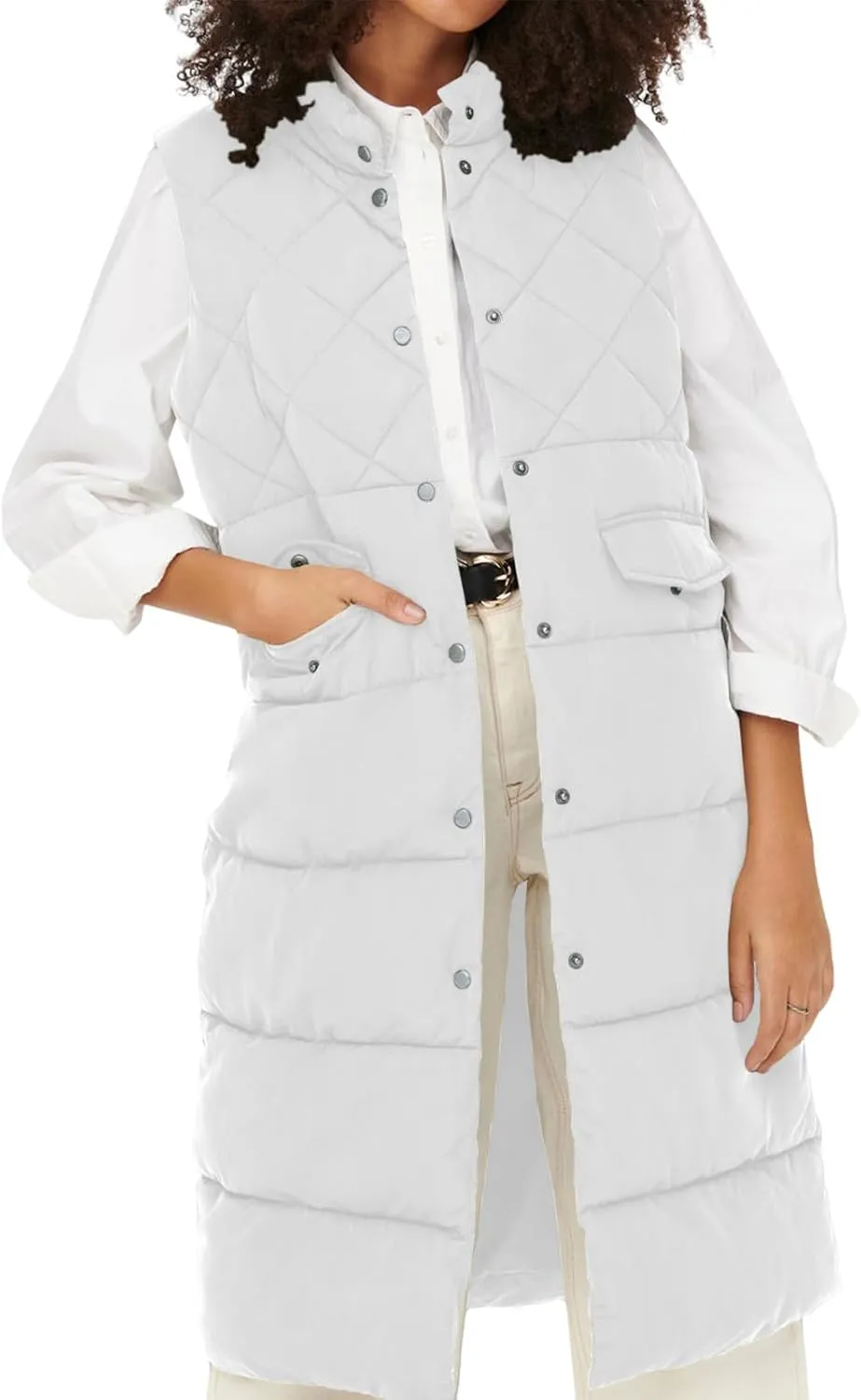 Tankaneo Women's Long Puffer Vest Cotton Stand Collar Button Sleeveless Puffy Jacket Outerwear