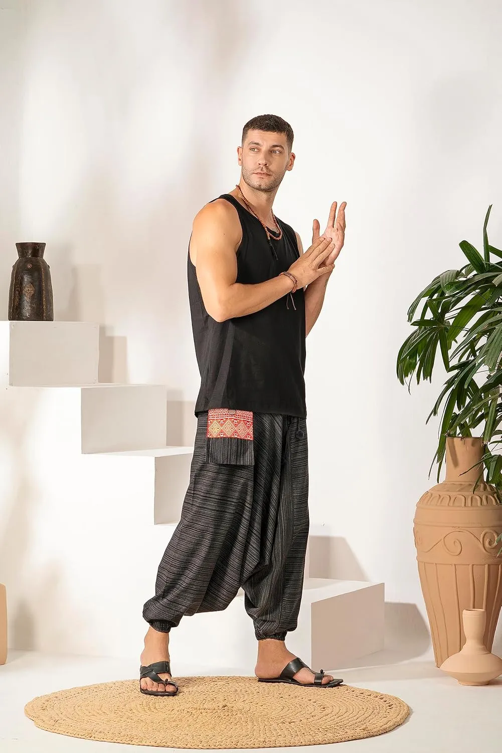 The Veshti Company Soft Boho Harem Pants Pajama for Men, 100% Cotton High Waisted Harem Yoga Bottoms for Him