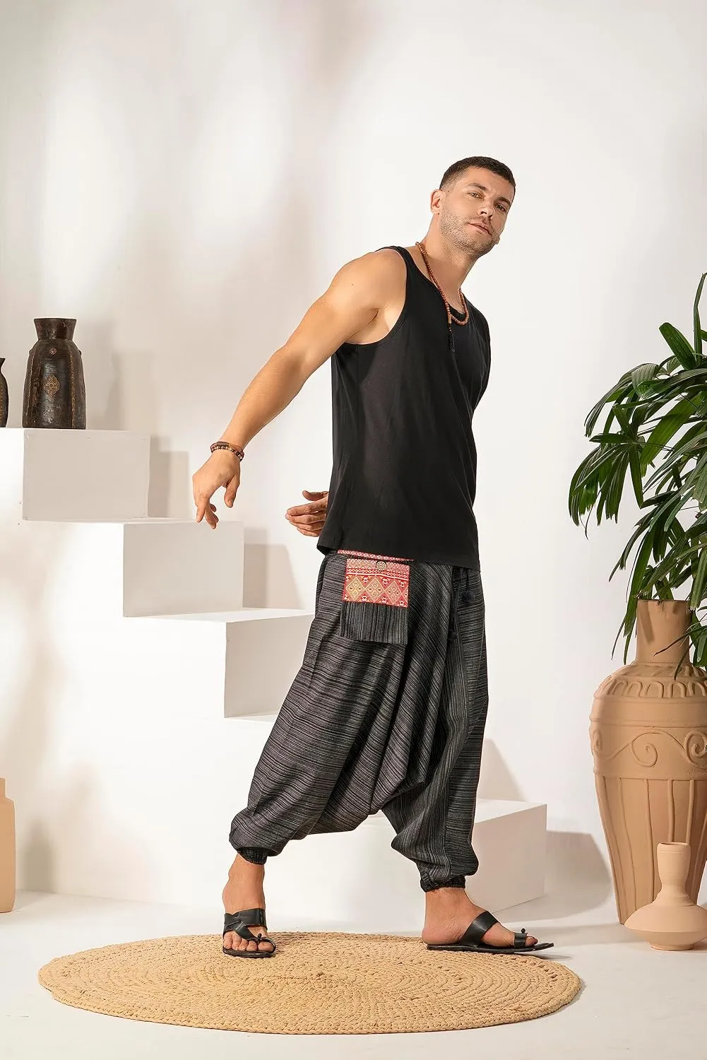 The Veshti Company Soft Boho Harem Pants Pajama for Men, 100% Cotton High Waisted Harem Yoga Bottoms for Him