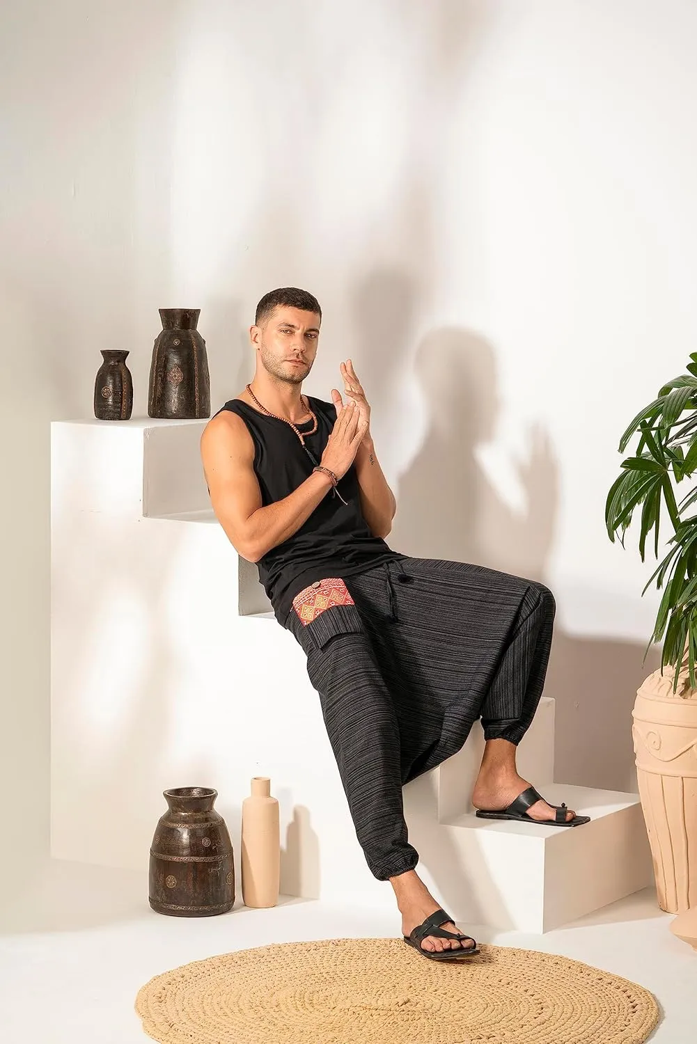 The Veshti Company Soft Boho Harem Pants Pajama for Men, 100% Cotton High Waisted Harem Yoga Bottoms for Him